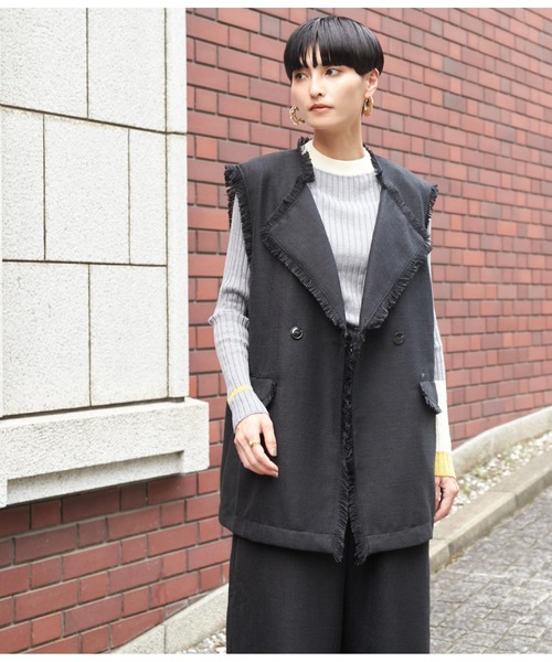 Settimissimo（セッティミッシモ）の「ツイードフリンジパイピングジレ（ベスト・レディース・ブラック/ベージュ・FREE）」の3枚目の写真