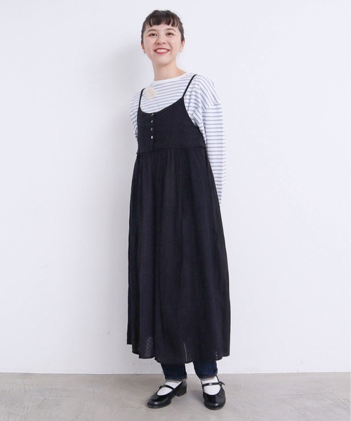アトリエドゥサボン I am I パン柄 ギャザーワンピース 黒