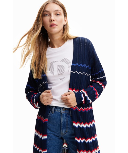 デシグアル Desigual 波模様 ミディカーディガン （ブルー） デシグアル Desigual 波模様 ミディカーディガン （ブルー