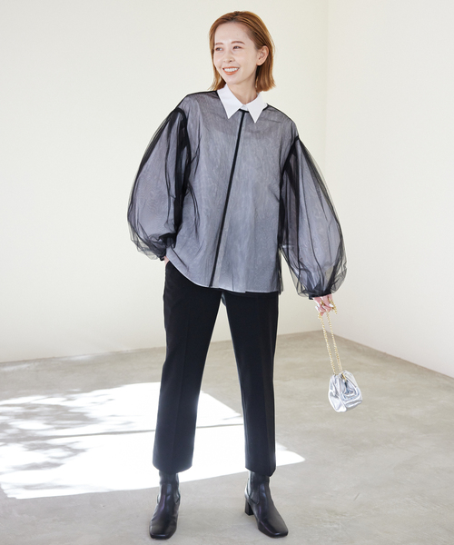 SLOBE IENA(IENA SLOBE)◆24SS/レースアップアノラック/長袖シャツ/--/--/GRY チュールタックスリーブプルオーバー（シャツ/ブラウス）｜SLOBE
