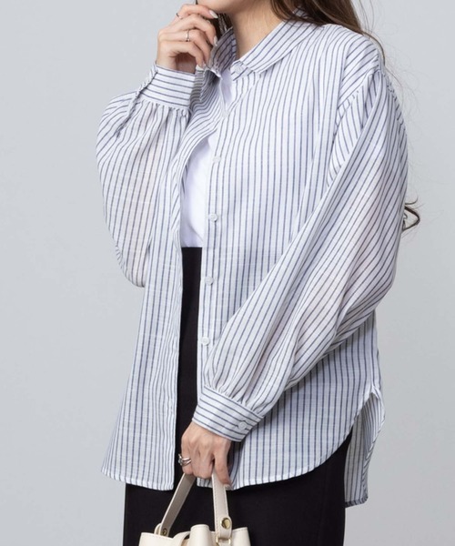 NAVY(ネイビー)の「NAVY スラブベーシック前開きセミシアーシャツ(シャツ/ブラウス・レディース・ブルー系その他/ホワイト/ホワイト×ブルー・M/L/S/XL)」の1枚目の写真