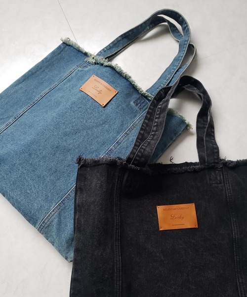 me+em select（ミームセレクト）の「※※【 ２color 】レザータグスクエアダメージデニムトートバッグ（トートバッグ・レディース・ブラック/ブルー・FREE）」の4枚目の写真
