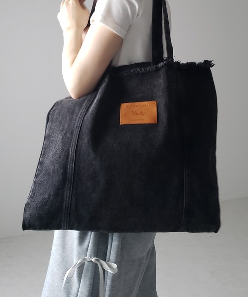 me+em select（ミームセレクト）の「※※【 ２color 】レザータグスクエアダメージデニムトートバッグ（トートバッグ・レディース・ブラック/ブルー・FREE）」の7枚目の写真