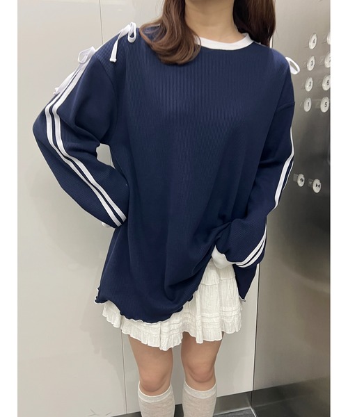 WC(ダブル シー)の「2ラインワッフルリボンロンT(Tシャツ/カットソー・レディース・ネイビー/ピンク/グレー・FREE)」の3枚目の写真