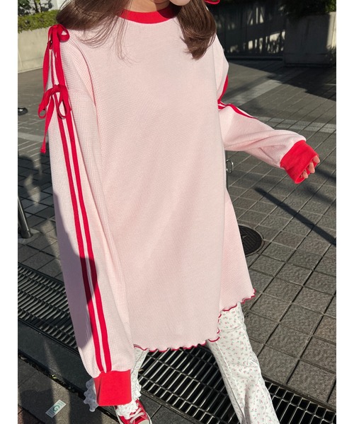 WC(ダブル シー)の「2ラインワッフルリボンロンT(Tシャツ/カットソー・レディース・ネイビー/ピンク/グレー・FREE)」の1枚目の写真