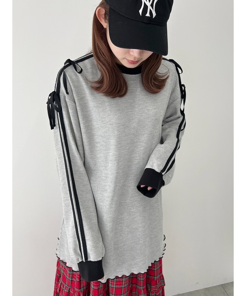 WC(ダブル シー)の「2ラインワッフルリボンロンT(Tシャツ/カットソー・レディース・ネイビー/ピンク/グレー・FREE)」の12枚目の写真