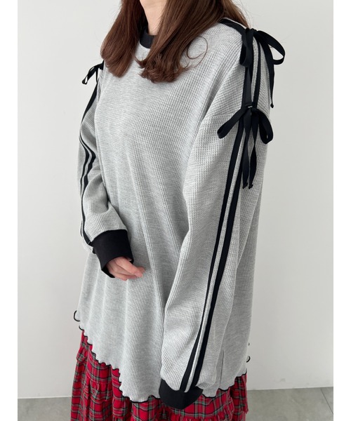 WC(ダブル シー)の「2ラインワッフルリボンロンT(Tシャツ/カットソー・レディース・ネイビー/ピンク/グレー・FREE)」の11枚目の写真