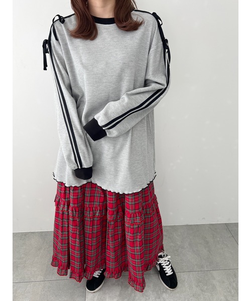 WC(ダブル シー)の「2ラインワッフルリボンロンT(Tシャツ/カットソー・レディース・ネイビー/ピンク/グレー・FREE)」の9枚目の写真