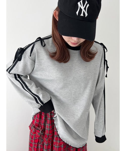 WC(ダブル シー)の「2ラインワッフルリボンロンT(Tシャツ/カットソー・レディース・ネイビー/ピンク/グレー・FREE)」の8枚目の写真