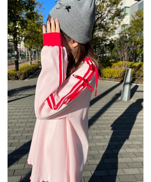 WC(ダブル シー)の「2ラインワッフルリボンロンT(Tシャツ/カットソー・レディース・ネイビー/ピンク/グレー・FREE)」の21枚目の写真