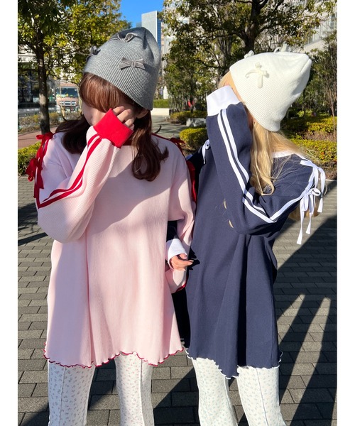 WC(ダブル シー)の「2ラインワッフルリボンロンT(Tシャツ/カットソー・レディース・ネイビー/ピンク/グレー・FREE)」の18枚目の写真