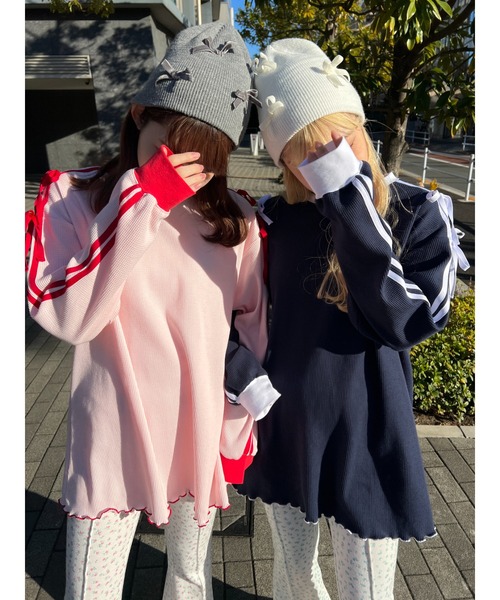 WC(ダブル シー)の「2ラインワッフルリボンロンT(Tシャツ/カットソー・レディース・ネイビー/ピンク/グレー・FREE)」の14枚目の写真