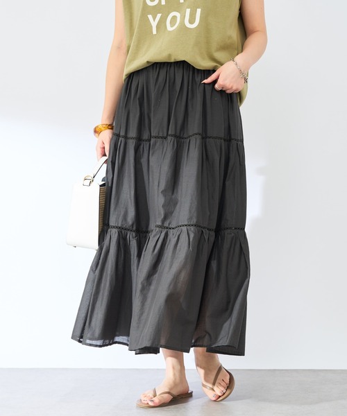 un dix cors（アンディコール）の「コットンボイルレースティアードスカート（スカート・レディース・オフホワイト/ブラック・FREE）」の2枚目の写真