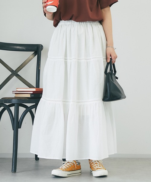 un dix cors（アンディコール）の「コットンボイルレースティアードスカート（スカート・レディース・オフホワイト/ブラック・FREE）」の8枚目の写真