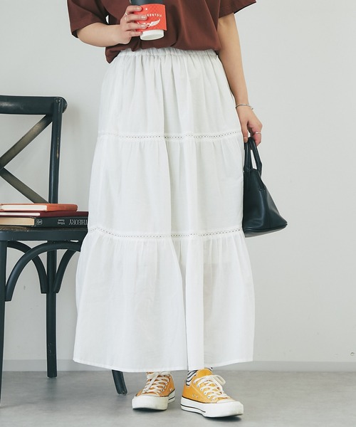 un dix cors（アンディコール）の「コットンボイルレースティアードスカート（スカート・レディース・オフホワイト/ブラック・FREE）」の9枚目の写真