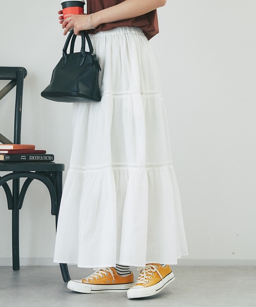 un dix cors（アンディコール）の「コットンボイルレースティアードスカート（スカート・レディース・オフホワイト/ブラック・FREE）」の10枚目の写真