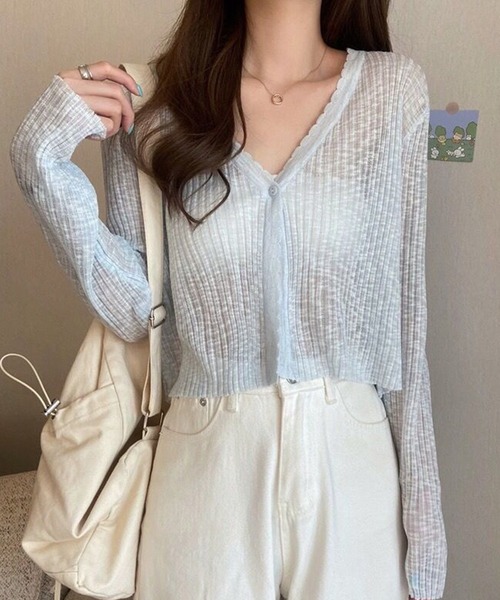 STYLEBLOCK(スタイルブロック)の「Vネックショート丈シアーニットカーディガン(カーディガン/ボレロ・レディース・ホワイト/ベージュ系その他/ピンク/ブルー/パープル/ブラック・FREE)」の4枚目の写真