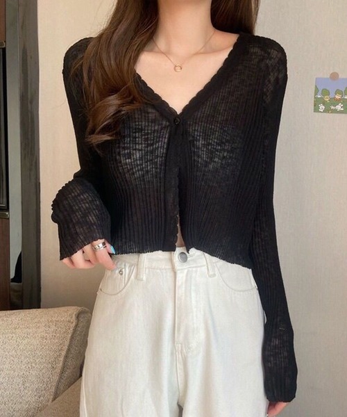 STYLEBLOCK(スタイルブロック)の「Vネックショート丈シアーニットカーディガン(カーディガン/ボレロ・レディース・ホワイト/ベージュ系その他/ピンク/ブルー/パープル/ブラック・FREE)」の2枚目の写真