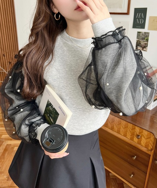 セール】裏起毛パール付きorビジュー付きチュールレイヤードスリーブ