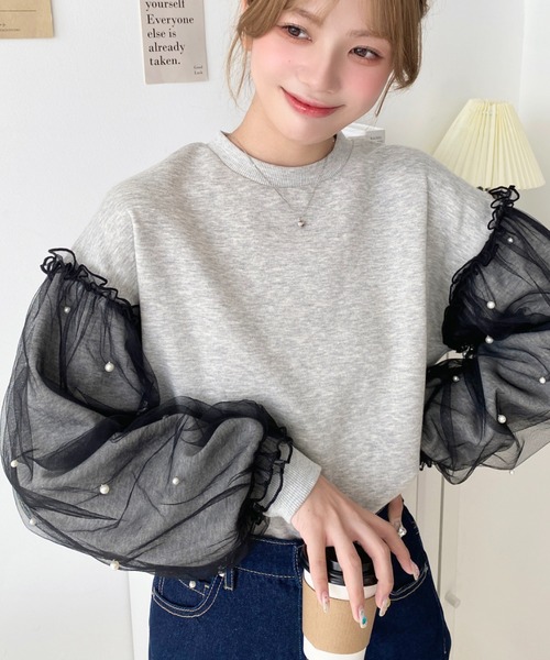 セール】裏起毛パール付きorビジュー付きチュールレイヤードスリーブ