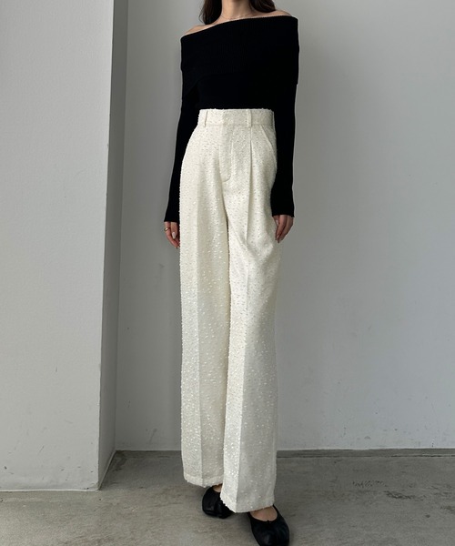 Louere(ルエレ)の「薄手ツイードタックパンツ(スラックス・レディース・ブラック/アイボリー/グレイッシュベージュ・SMALL/MEDIUM/LARGE/X-LARGE)」の9枚目の写真