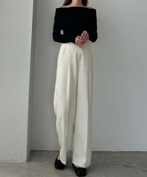Louere(ルエレ)の「薄手ツイードタックパンツ(スラックス・レディース・ブラック/アイボリー/グレイッシュベージュ・SMALL/MEDIUM/LARGE/X-LARGE)」の10枚目の写真