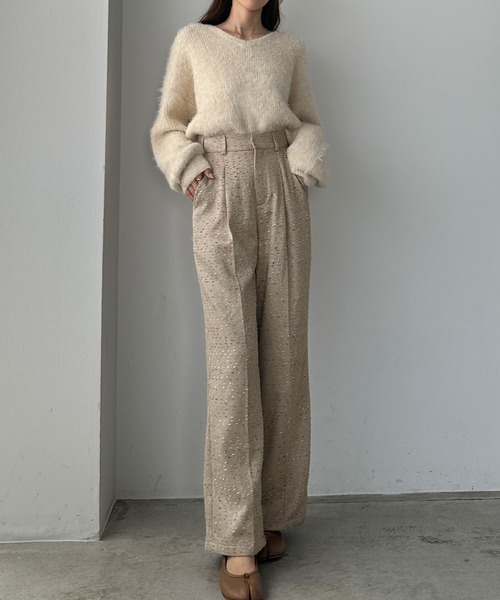 Louere(ルエレ)の「薄手ツイードタックパンツ(スラックス・レディース・ブラック/アイボリー/グレイッシュベージュ・SMALL/MEDIUM/LARGE/X-LARGE)」の14枚目の写真
