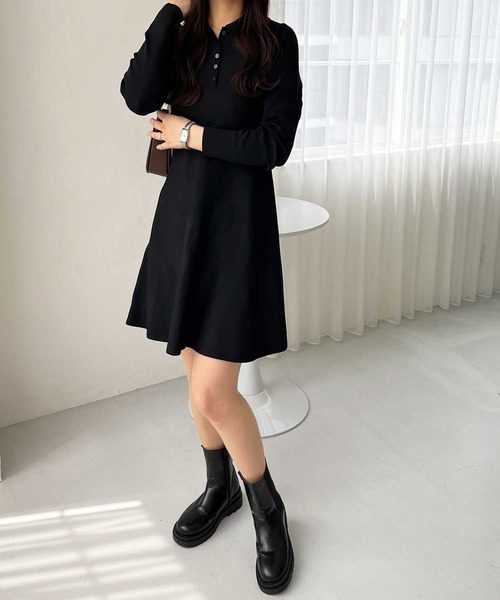 セール】襟付きヘンリーネックペプラムニットミニワンピース