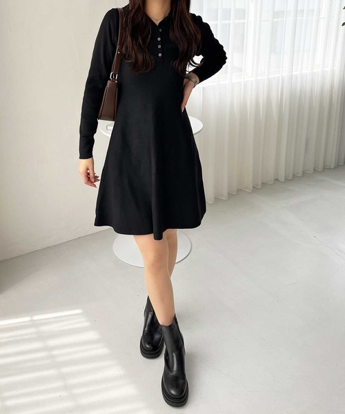 セール】襟付きヘンリーネックペプラムニットミニワンピース