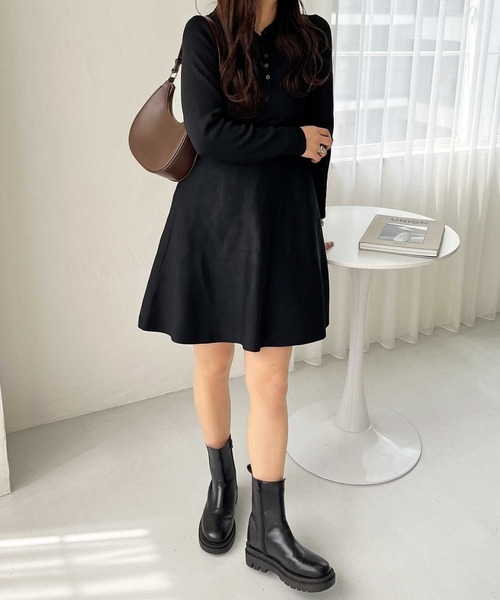 セール】襟付きヘンリーネックペプラムニットミニワンピース