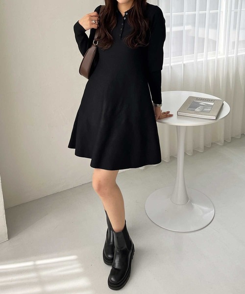 セール】襟付きヘンリーネックペプラムニットミニワンピース