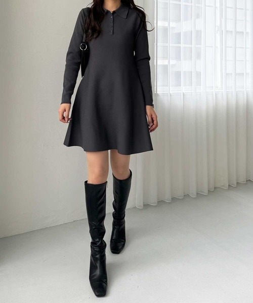 セール】襟付きヘンリーネックペプラムニットミニワンピース