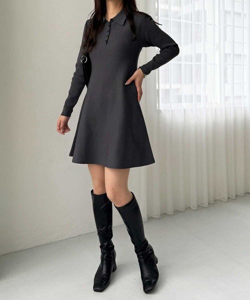 セール】襟付きヘンリーネックペプラムニットミニワンピース