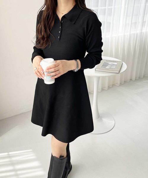 セール】襟付きヘンリーネックペプラムニットミニワンピース