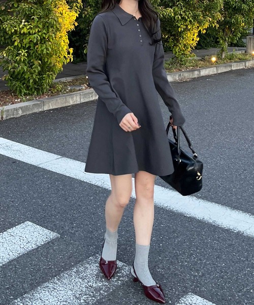セール】襟付きヘンリーネックペプラムニットミニワンピース
