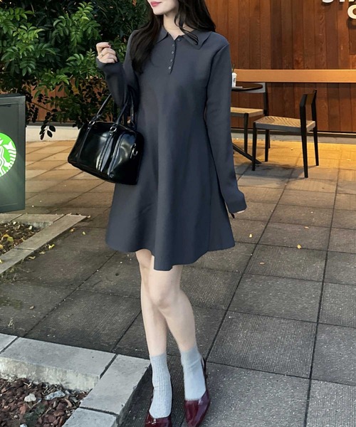 セール】襟付きヘンリーネックペプラムニットミニワンピース