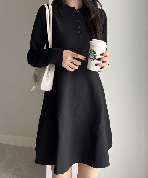 セール】襟付きヘンリーネックペプラムニットミニワンピース