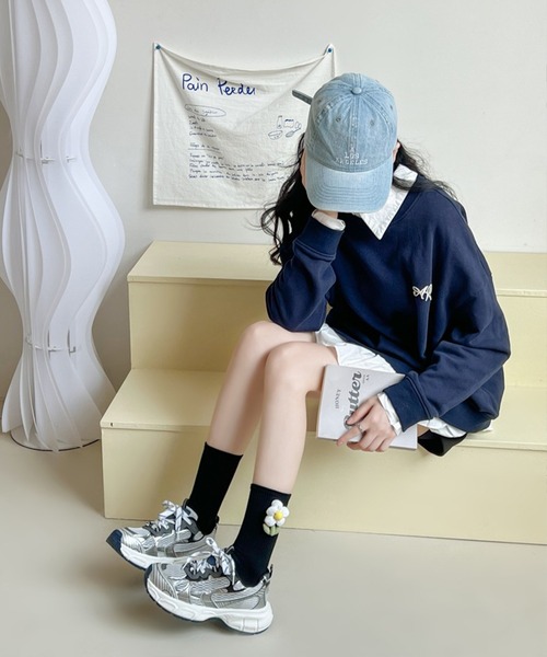 セール】【mosox】韓国風立体花モチーフ付けソックス（ソックス