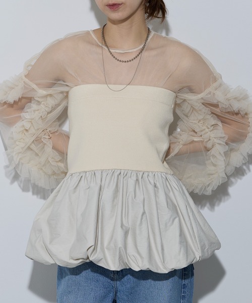 MAISON BREEZE reveur(メゾンブリーズレヴール)の「【MAISON BREEZE reveur】ニット×布帛 バルーンベアトップス ビスチェ 32048E333 XNN(その他トップス・レディース・アイボリー/チャコールグレー/ブラック・FREE)」の2枚目の写真