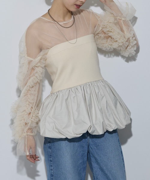 MAISON BREEZE reveur(メゾンブリーズレヴール)の「【MAISON BREEZE reveur】ニット×布帛 バルーンベアトップス ビスチェ 32048E333 XNN(その他トップス・レディース・アイボリー/チャコールグレー/ブラック・FREE)」の4枚目の写真