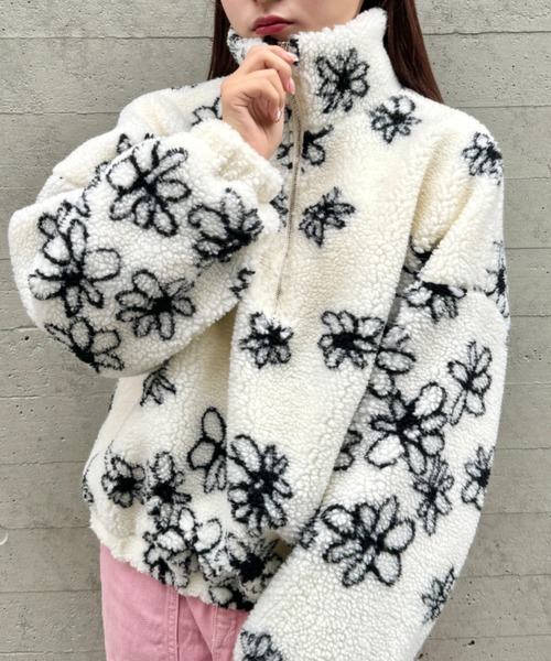 レディース しまむら ayano ボアZIP 花柄ボアハーフジップ