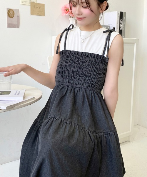 moment+(モーメントプラス)の「ライトオンスデニムシャーリングティアードキャミワンピース(デニムワンピース)(ワンピース・レディース・インディゴブルー/ブルー/ブラック・M/L)」の11枚目の写真
