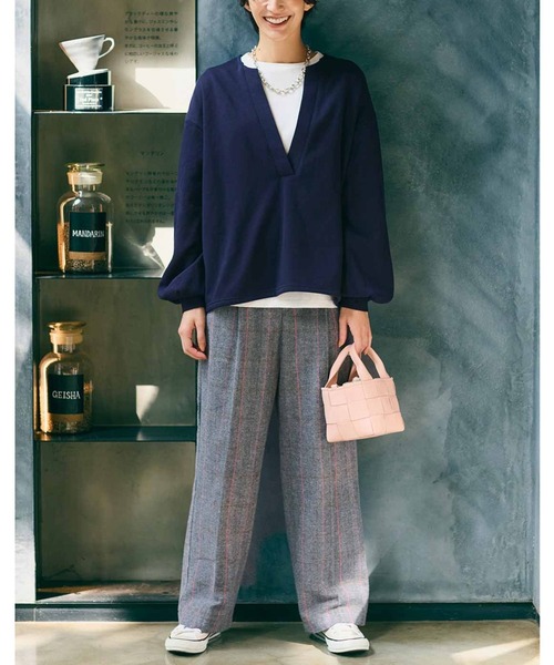 IEDIT（イディット）の「ＩＥＤＩＴ　コットン１００％の起毛素材で肌心地やさしいチェックワイドパンツ（その他パンツ・レディース・ブラウン/グレー・M/L/LL/3L/S/4L）」の5枚目の写真