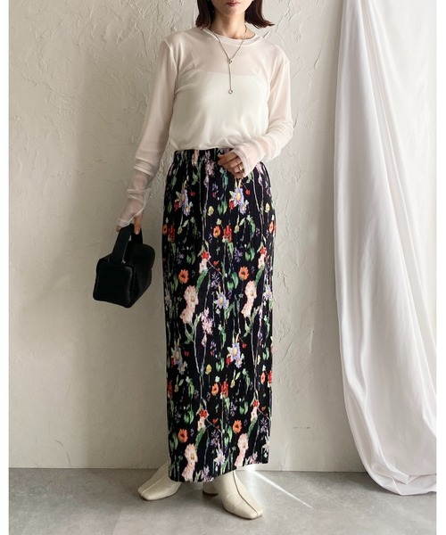 She's Closet(シーズクローゼット)の「【セルフカット】フラワープリント花柄ストレートIラインハイウエストタイトプリーツロングスカート(スカート・レディース・ブラック/オフホワイト・FREE)」の6枚目の写真