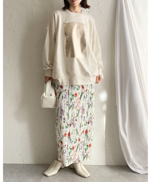 She's Closet(シーズクローゼット)の「【セルフカット】フラワープリント花柄ストレートIラインハイウエストタイトプリーツロングスカート(スカート・レディース・ブラック/オフホワイト・FREE)」の8枚目の写真