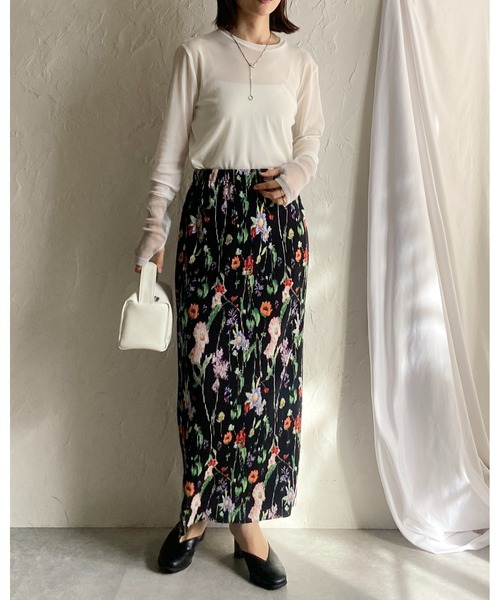 She's Closet(シーズクローゼット)の「【セルフカット】フラワープリント花柄ストレートIラインハイウエストタイトプリーツロングスカート(スカート・レディース・ブラック/オフホワイト・FREE)」の10枚目の写真
