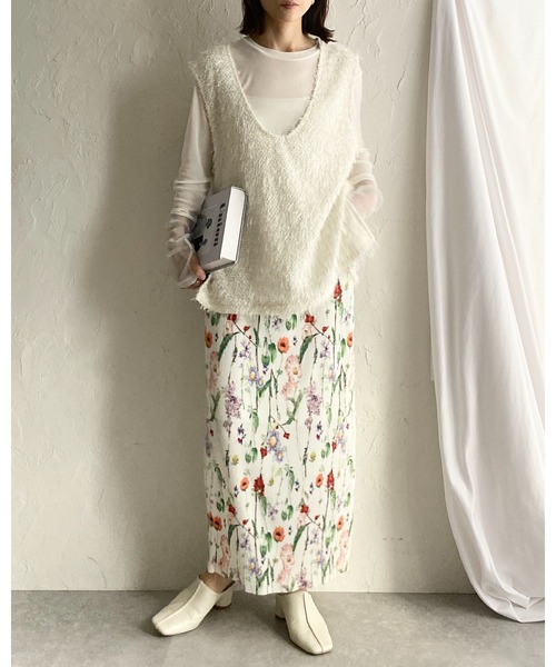 She's Closet(シーズクローゼット)の「【セルフカット】フラワープリント花柄ストレートIラインハイウエストタイトプリーツロングスカート(スカート・レディース・ブラック/オフホワイト・FREE)」の16枚目の写真
