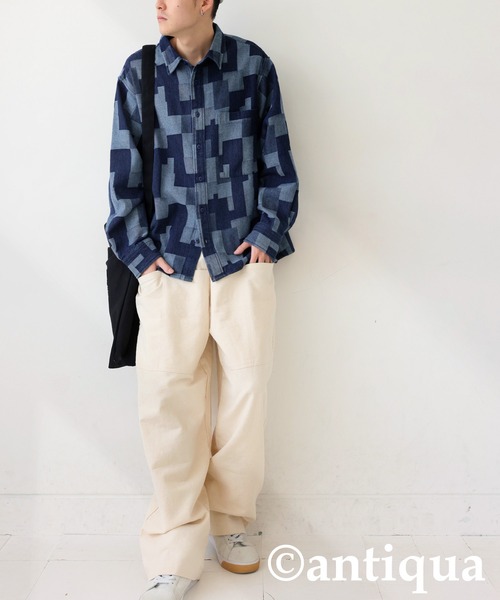 ブラウス シャツ 幾何学模様デニムシャツ レディース メンズ antiqua ブラウス シャツ 幾何学模様デニムシャツ レディース