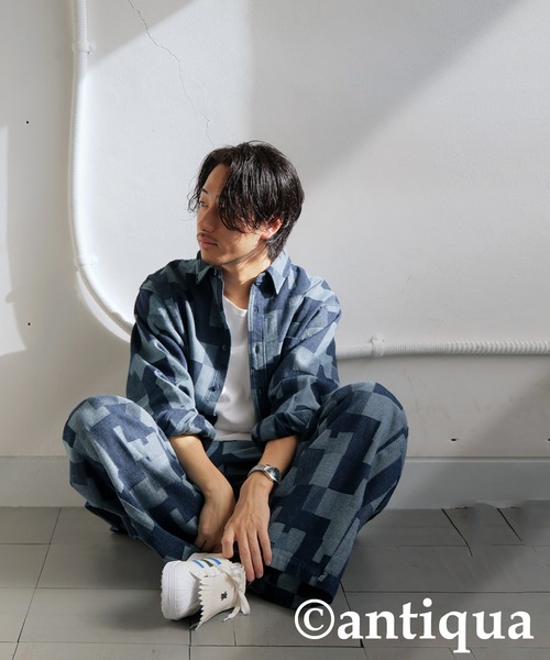 ブラウス シャツ 幾何学模様デニムシャツ レディース メンズ antiqua ブラウス シャツ 幾何学模様デニムシャツ レディース