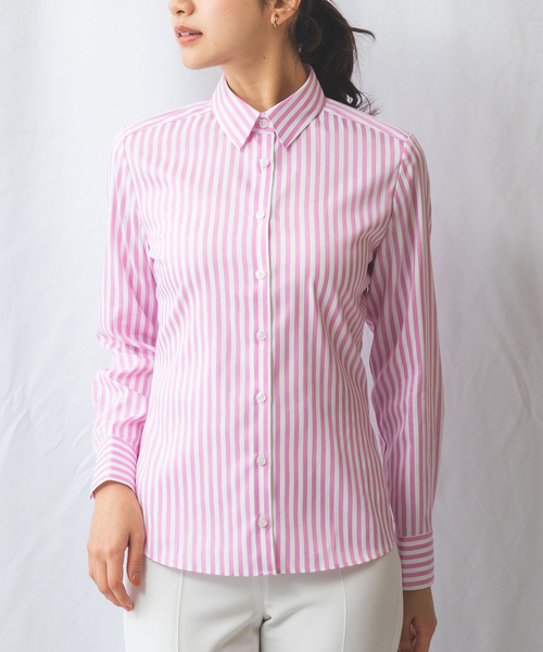【新品】ナラカミーチェ　変形綾織りストライプストレッチ長袖シャツ　15号 セール】【NARACAMICIE】ストレッチストライプ長袖シャツ